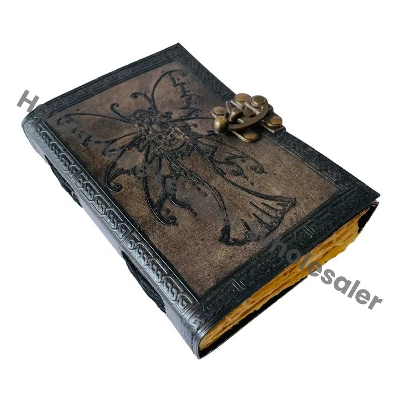 Butterfly Women Handmade Embossed Deckle Art Vintage Leather Book of Spells Celtic Wiccan Journals for Writing Prop Charcoal