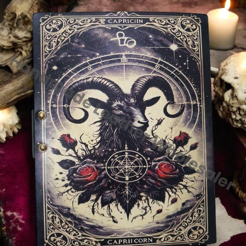 Capricorn Leather Journal: Vintage Grimoire, Blank Book of Shadows.