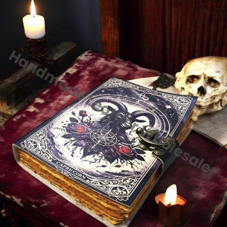 Capricorn Leather Journal: Vintage Grimoire, Blank Book of Shadows.