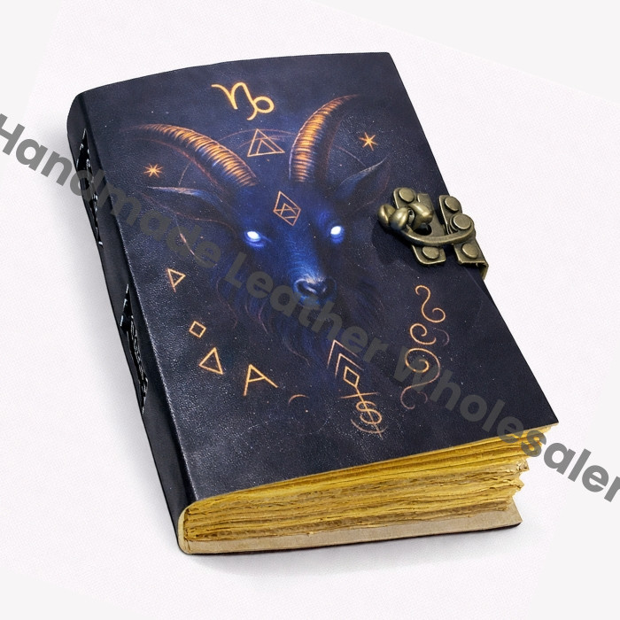 Capricorn Zodiac Leather Journal – Handmade Grimoire with Brass Lock
