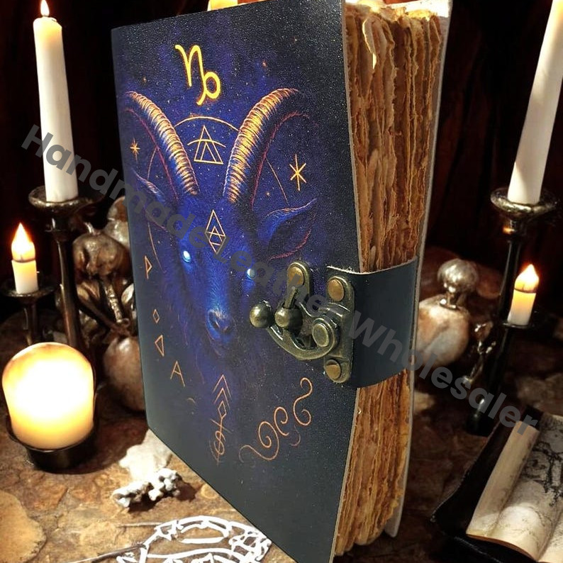 Capricorn Zodiac Leather Journal – Handmade Grimoire with Brass Lock