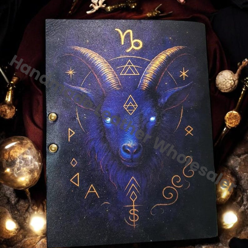 Capricorn Zodiac Leather Journal – Handmade Grimoire with Brass Lock