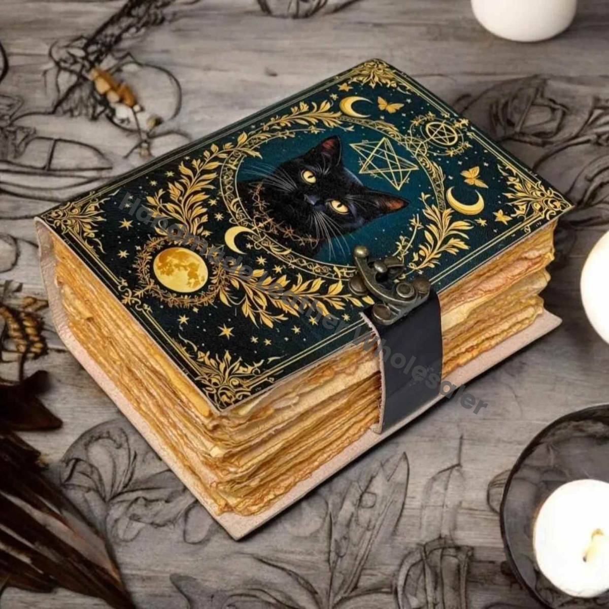 Cat Leather Grimoire Journal: Handmade Book of Shadows with Lock