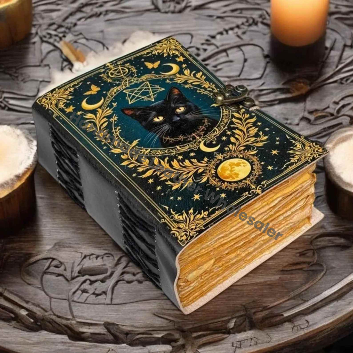 Cat Leather Grimoire Journal: Handmade Book of Shadows with Lock