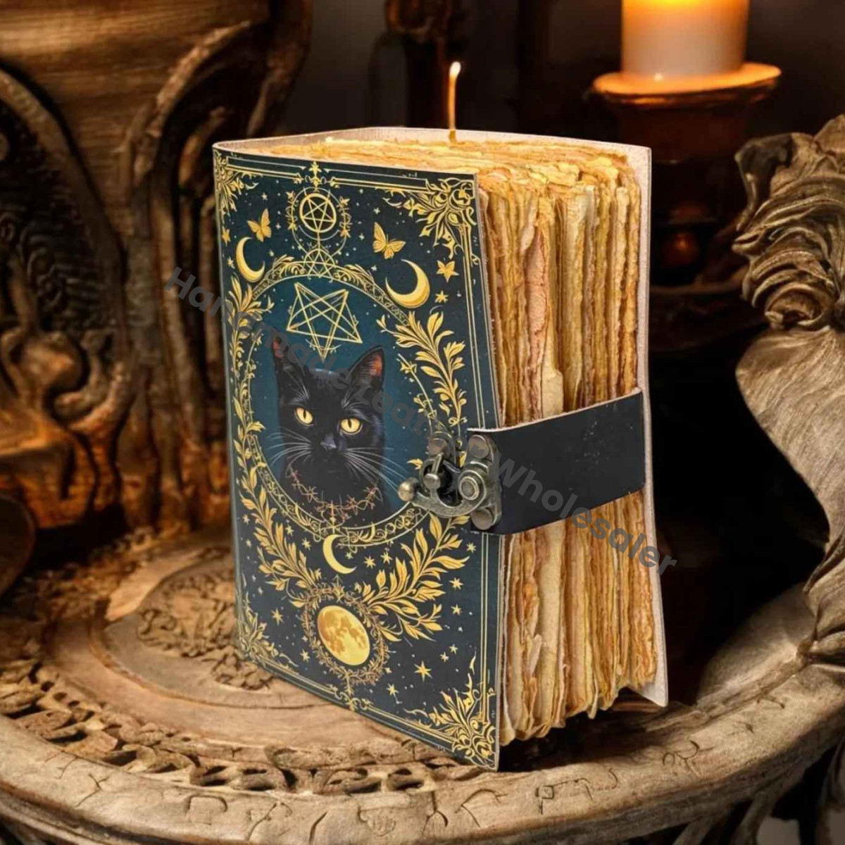 Cat Leather Grimoire Journal: Handmade Book of Shadows with Lock
