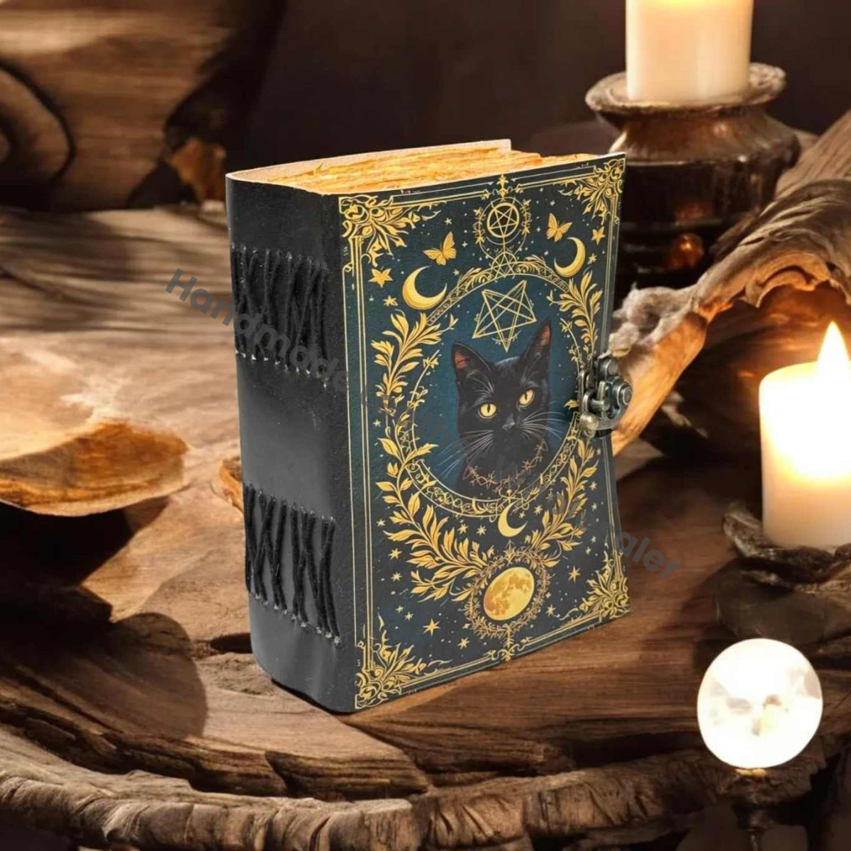 Cat Leather Grimoire Journal: Handmade Book of Shadows with Lock