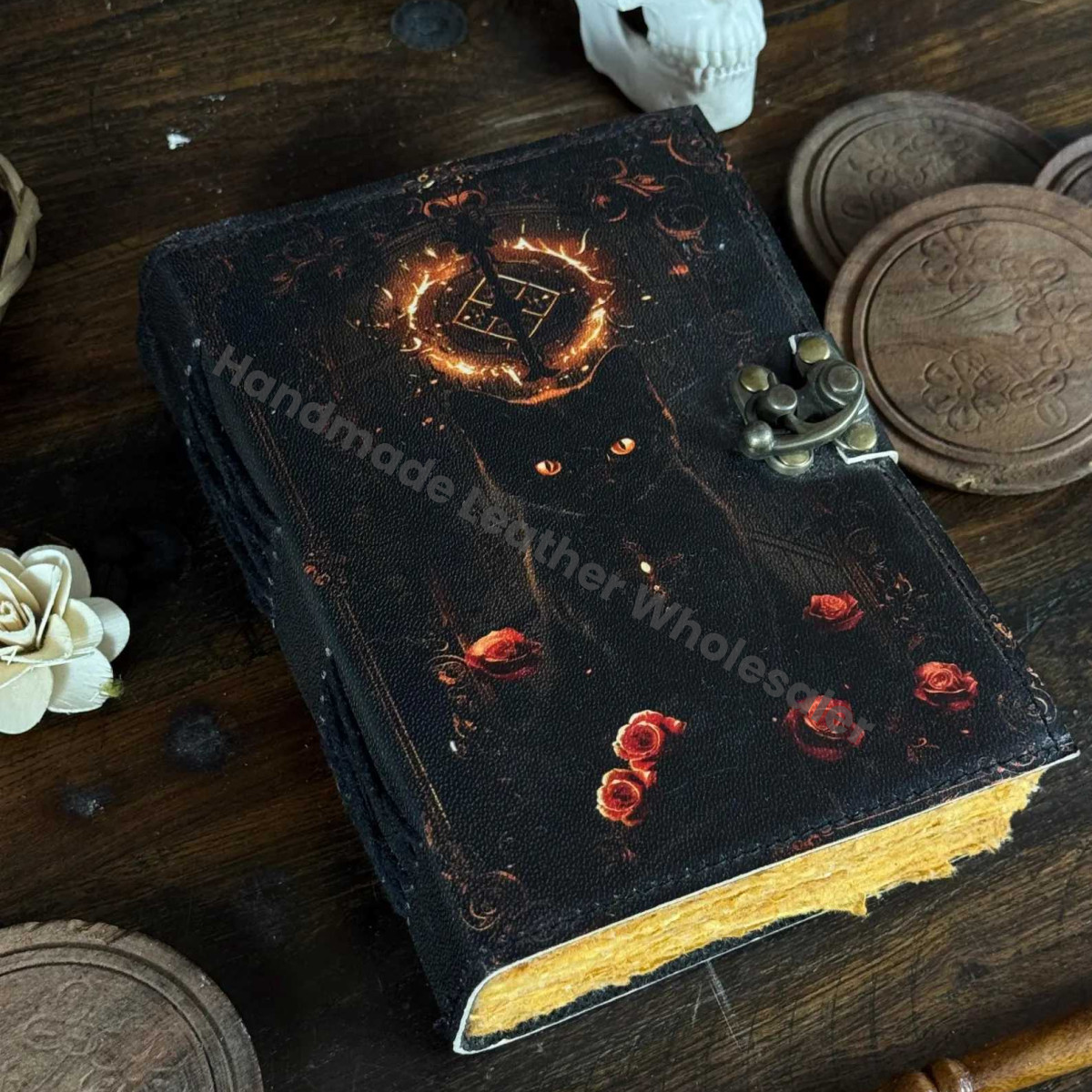 Cat Printed Leather Journal, Antique Handmade Deckle Edge Paper