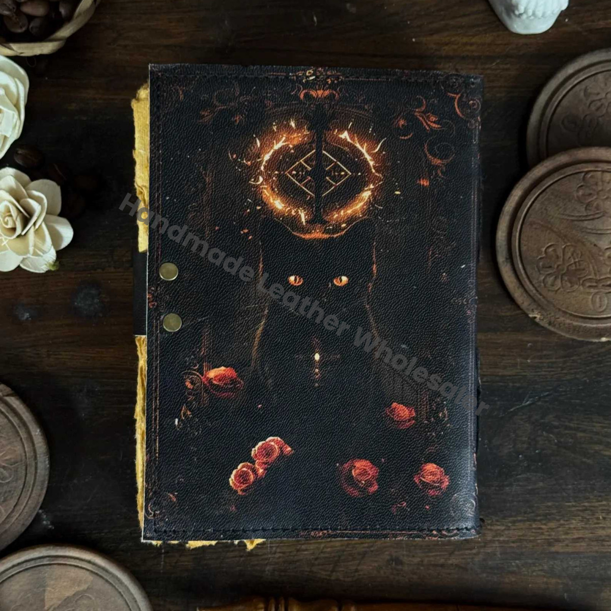 Cat Printed Leather Journal, Antique Handmade Deckle Edge Paper