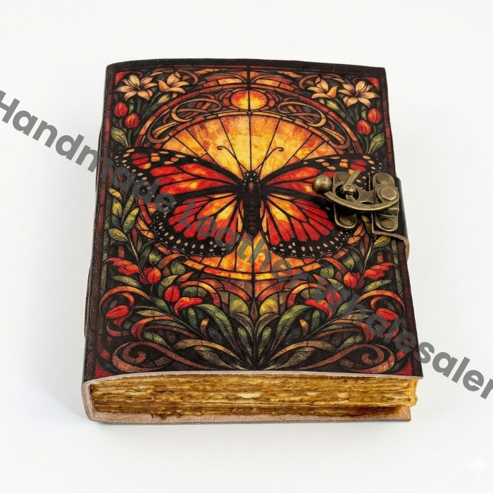 Celestial Butterfly Moth Leather Grimoire journal - VIntage Floral Blank Spell Book of Shadows - Antique Closure