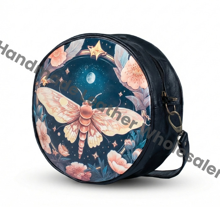 Celestial Gothic Luna moth Cute women crossbody purse Round Messenger Bag five design Variation Shoulder Purse leather strap Satchel Bag