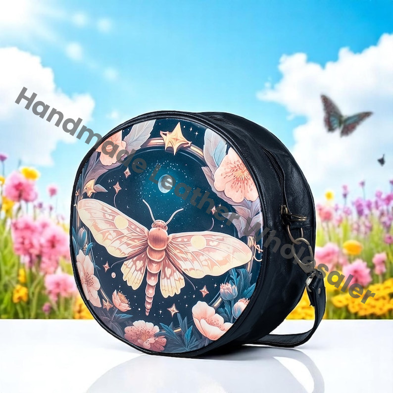 Celestial Gothic Luna moth Cute women crossbody purse Round Messenger Bag five design Variation Shoulder Purse leather strap Satchel Bag