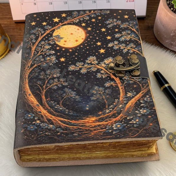 Celestial Moon Forest Journal - Starry Night Leather Notebook - Pagan Grimoire Spell Book - Handmade Deckle Edge Paper Diary