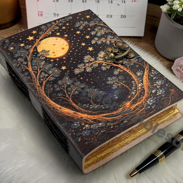 Celestial Moon Forest Journal - Starry Night Leather Notebook - Pagan Grimoire Spell Book - Handmade Deckle Edge Paper Diary