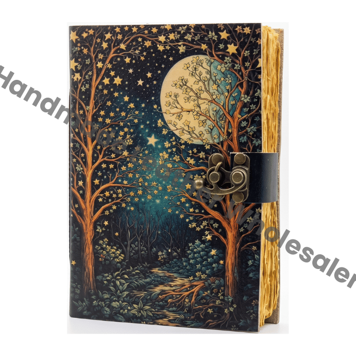 Celestial Moon Forest Journal With Lock - Starry Night Leather Notebook - Witchcraft Grimoire Spell Book - Handmade Deckle Edge Paper Diary