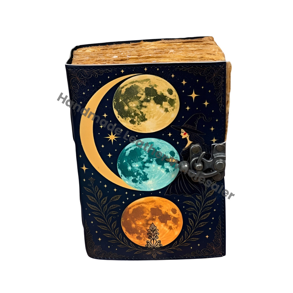 Celestial Moon Phase Leather Journal - Vintage Deckle Edge Paper writing drawing Notebook Sketchbook