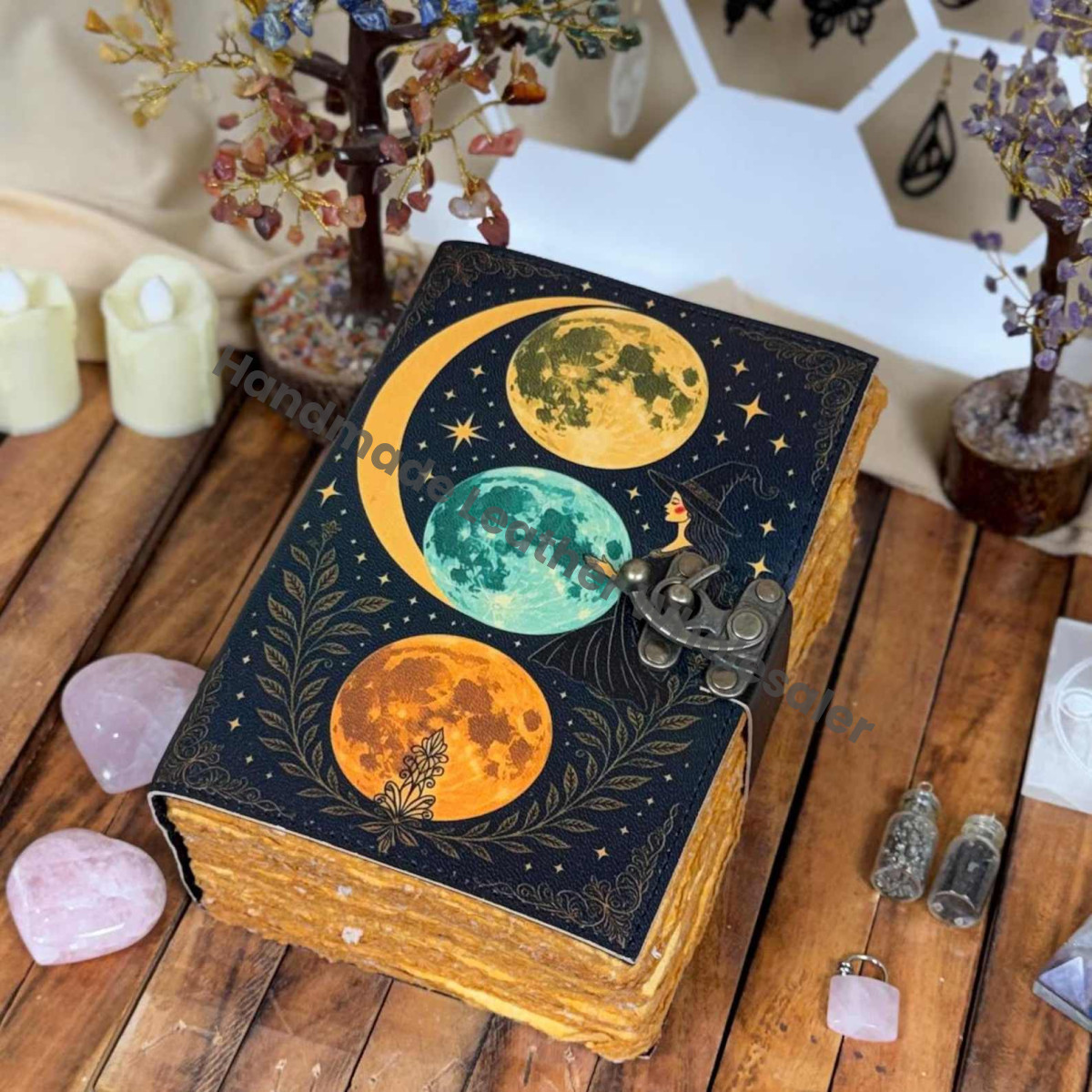 Celestial Moon Phase Leather Journal - Vintage Deckle Edge Paper writing drawing Notebook Sketchbook