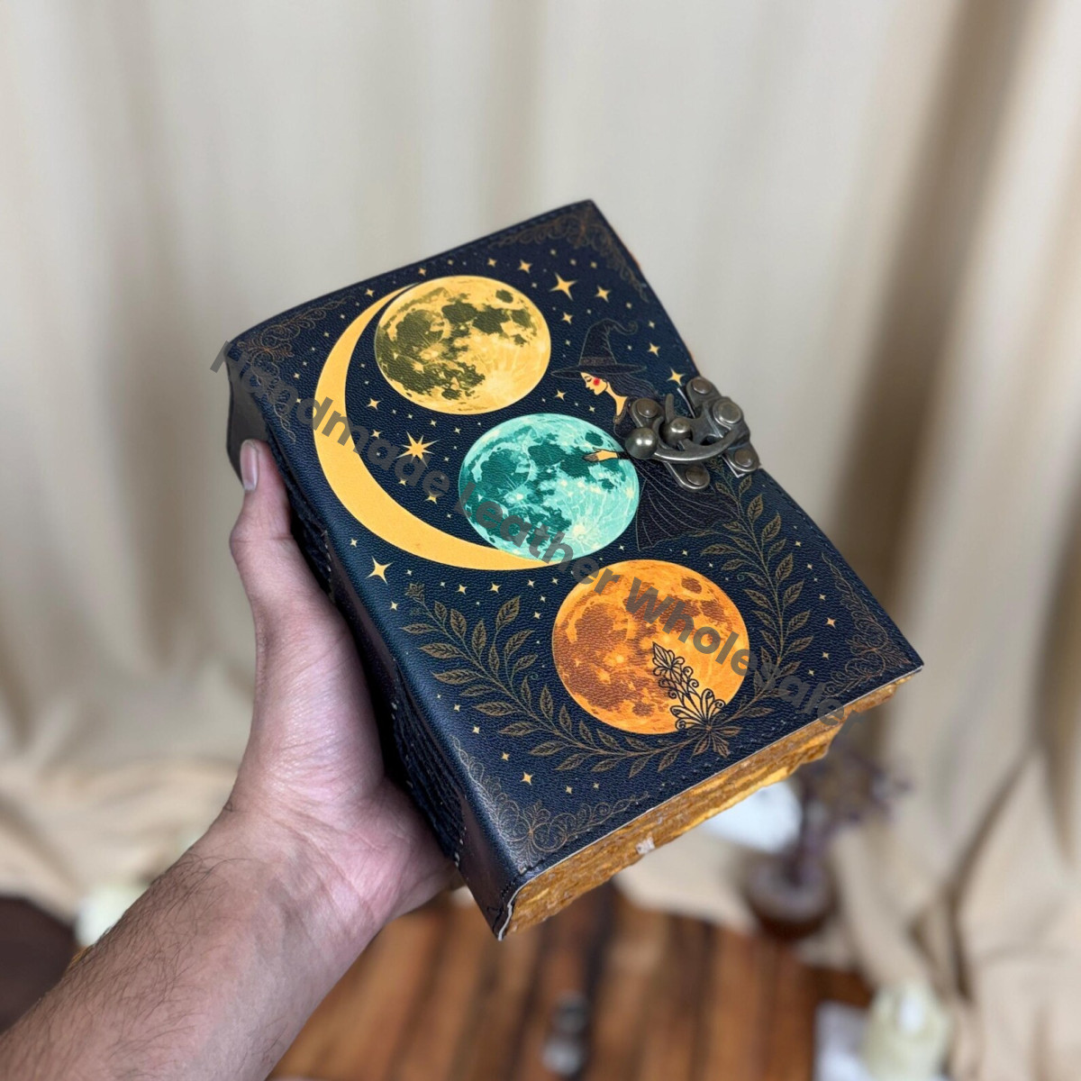 Celestial Moon Phase Leather Journal - Vintage Deckle Edge Paper writing drawing Notebook Sketchbook