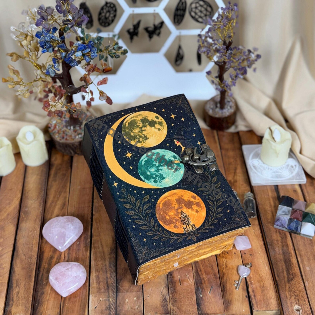 Celestial Moon Phase Leather Journal - Vintage Deckle Edge Paper writing drawing Notebook Sketchbook