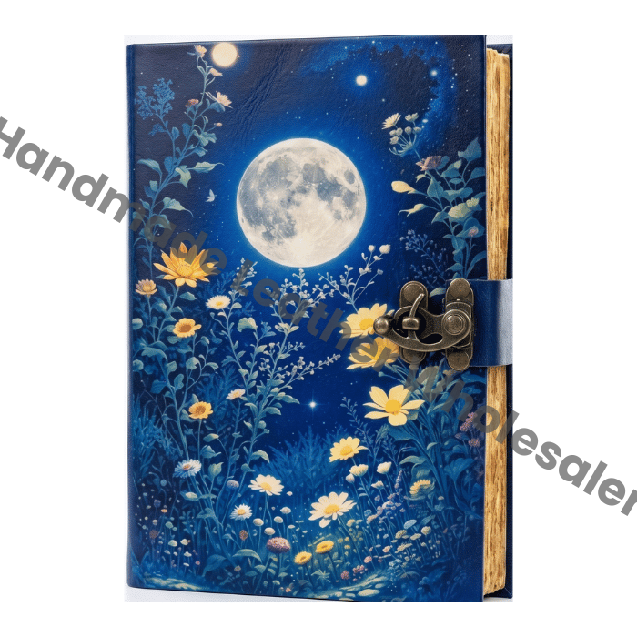 Celestial Moonlight Wildflower Handmade Leather Journal - Spell Book of Shadows - Vintage Deckle Edge Paper Notebook
