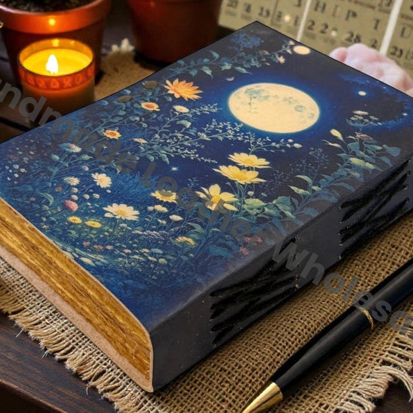 Celestial Moonlight Wildflower Handmade Leather Journal - Spell Book of Shadows - Vintage Deckle Edge Paper Notebook
