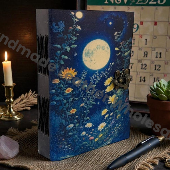Celestial Moonlight Wildflower Handmade Leather Journal - Spell Book of Shadows - Vintage Deckle Edge Paper Notebook