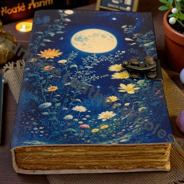 Celestial Moonlight Wildflower Handmade Leather Journal - Spell Book of Shadows - Vintage Deckle Edge Paper Notebook