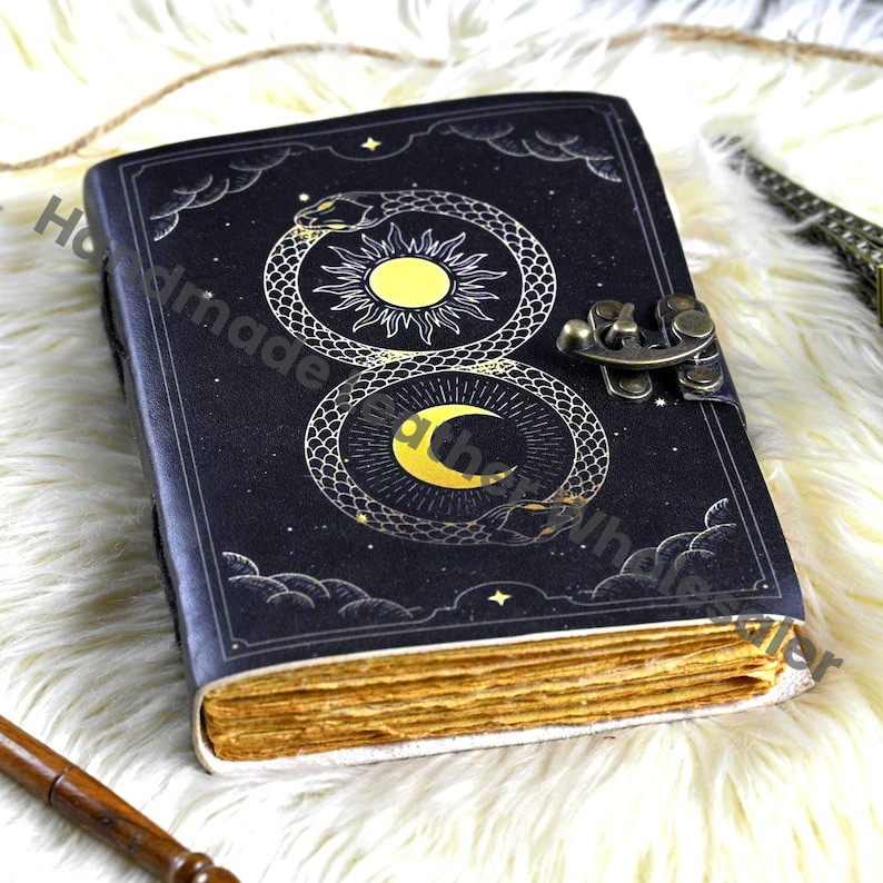 Celestial Sun & Moon Leather Journal: Ouroboros Serpent, Lockable Diary