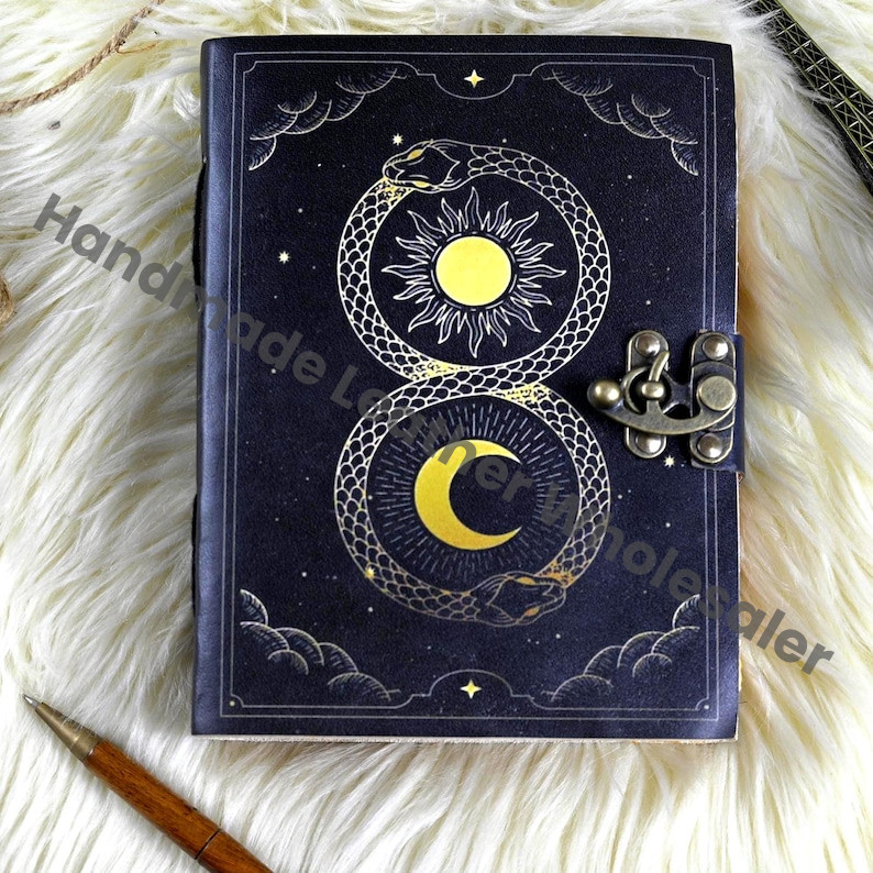 Celestial Sun & Moon Leather Journal: Ouroboros Serpent, Lockable Diary