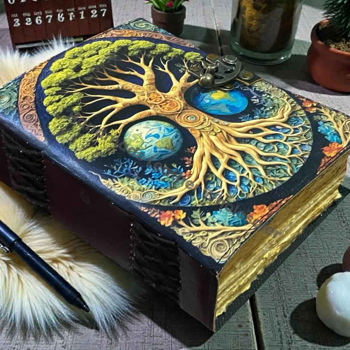 Celestial Tree of Life Leather Journal | Handmade Grimoire Earth Spell Book | Antique lock Closure