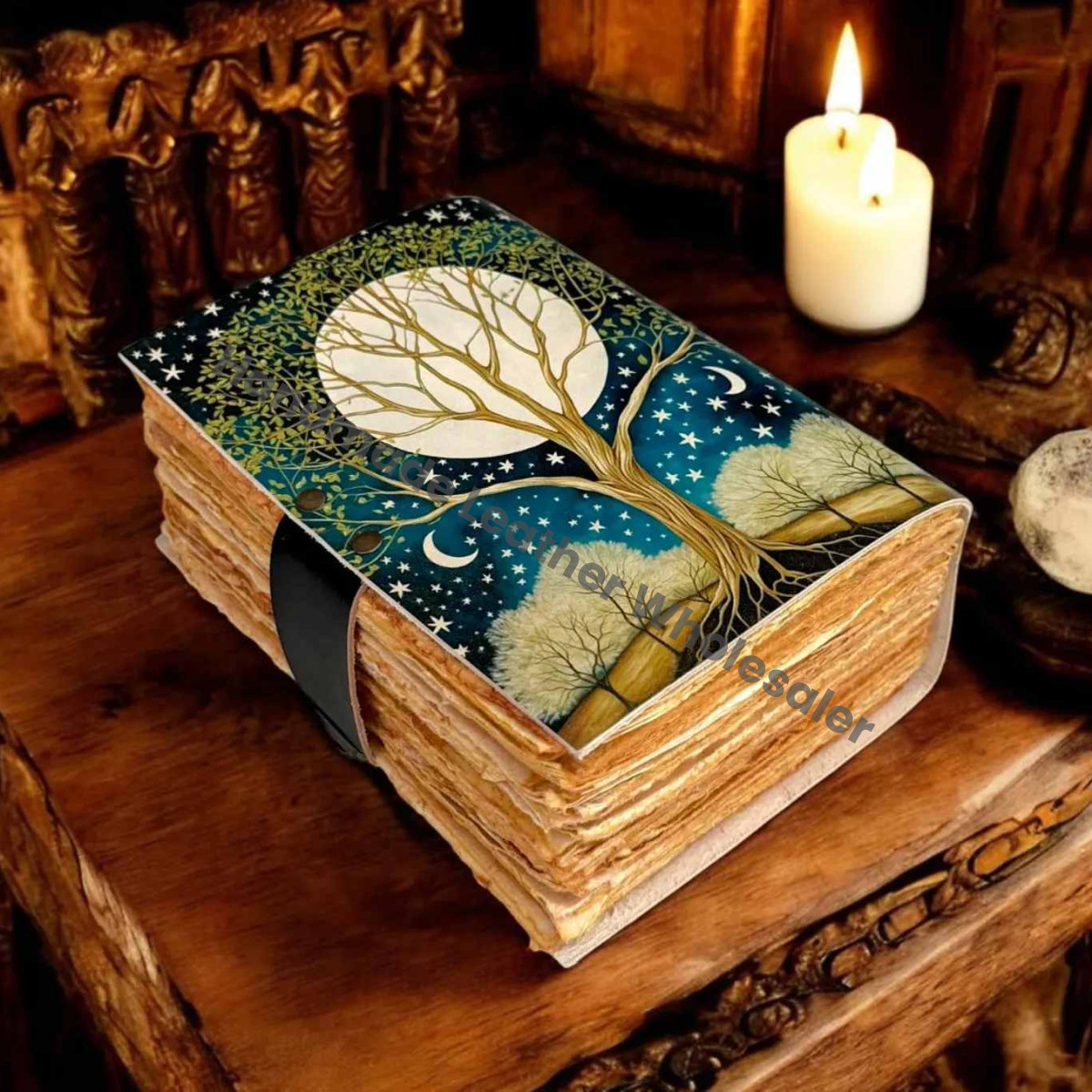 Celestial Tree of Life Leather Journal | Handmade Grimoire with Antique Lock