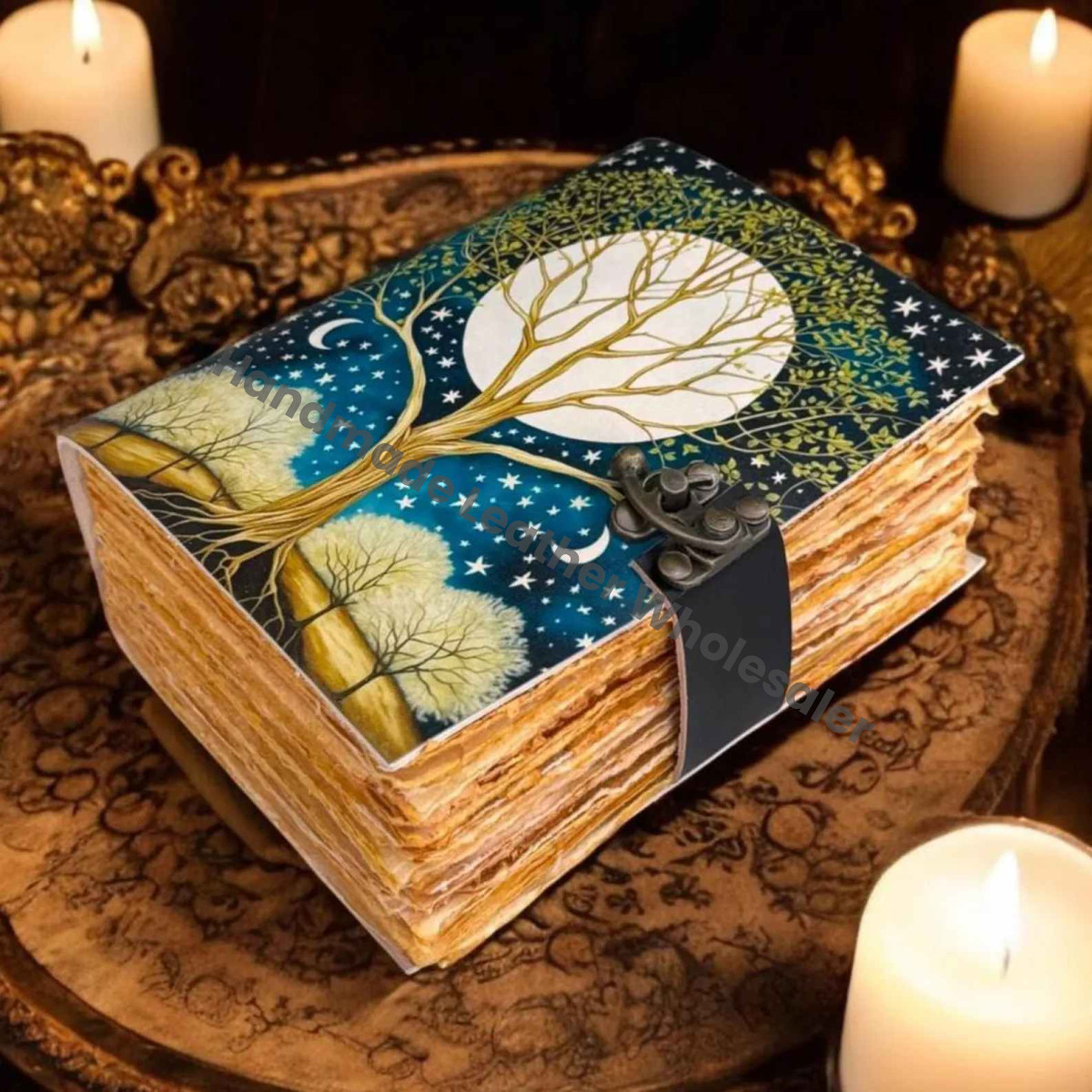 Celestial Tree of Life Leather Journal | Handmade Grimoire with Antique Lock
