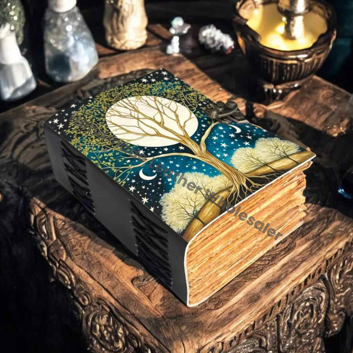 Celestial Tree of Life Leather Journal | Handmade Grimoire with Antique Lock