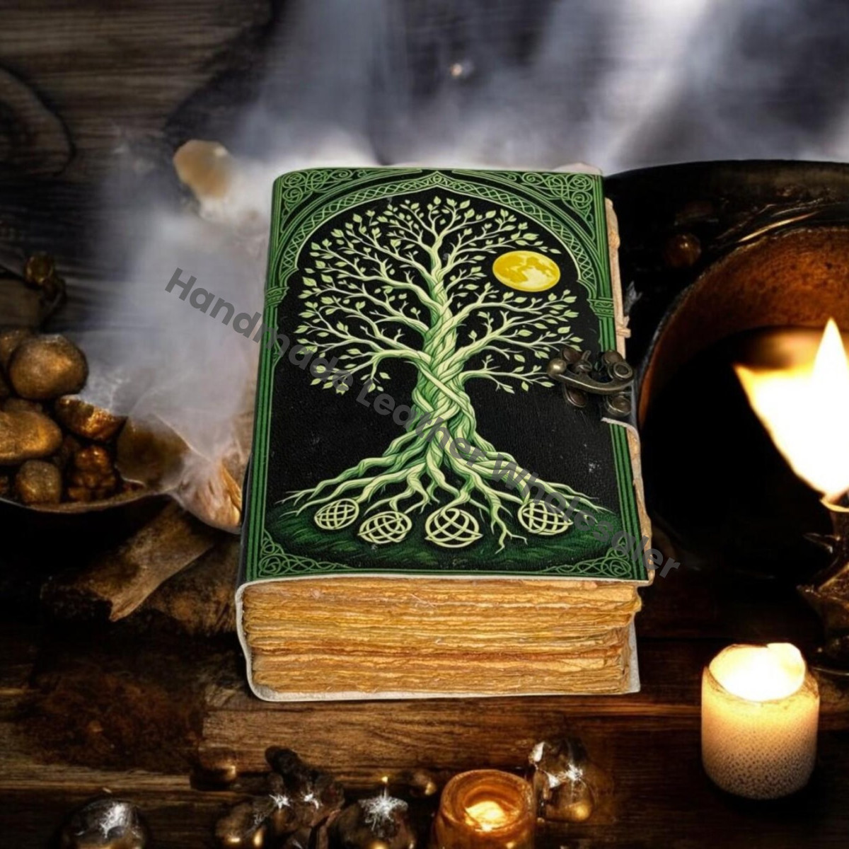 Celestial Tree of Life Leather Journal | Handmade Grimoire with Lock