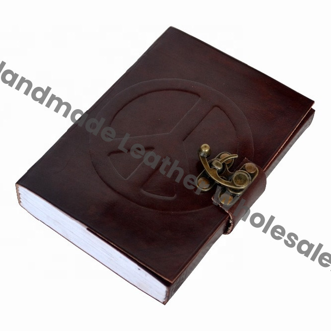 Celtic Brown Leather Journal Diary Instagram Photo Album with Handmade Paper Peace of Sign Travel Drawing Sketchbook Planner