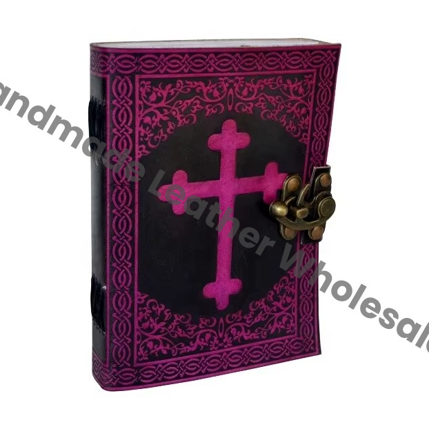 Celtic Cross Leather Spiral Binding Handmade Black Pink Journal for Women Large Size Gift Supplies Genuine Leather Lock Diary