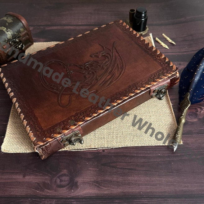 Celtic Dragon Embossed Leather Journal, Handmade Writing Notebook