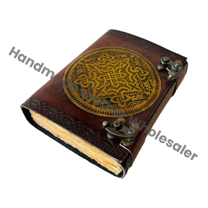 Celtic Embossed Antique Leather Hardcover Journal with Metal Closure Yellow Vintage Guest Handmade Paper Shadows Gift Him