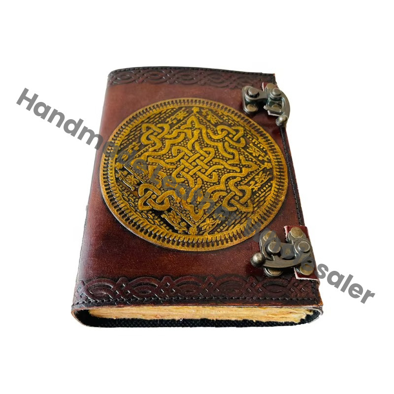 Celtic Embossed Antique Leather Hardcover Journal with Metal Closure Yellow Vintage Guest Handmade Paper Shadows Gift Him