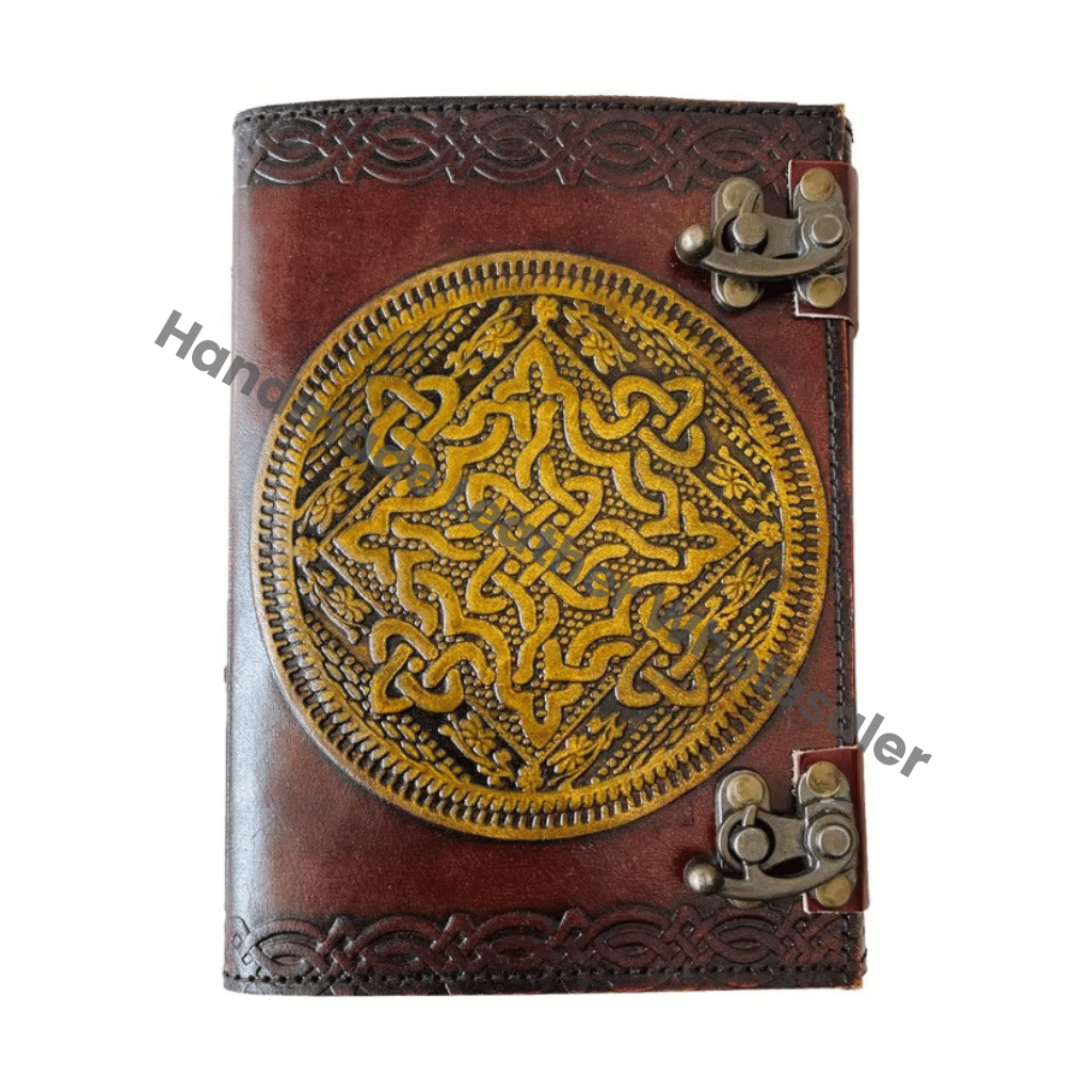 Celtic Embossed Antique Leather Hardcover Journal with Metal Closure Yellow Vintage Guest Handmade Paper Shadows Gift Him