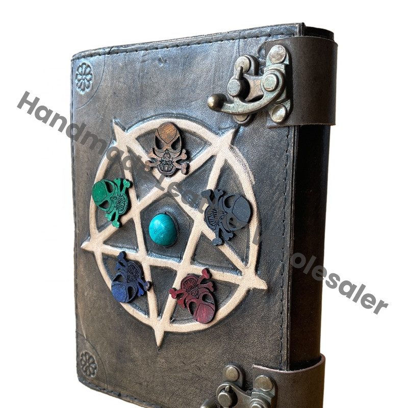 Celtic Pentacle Embossed Leather Journal Skull Craft Perfect Gift Genuine Leather Deckle Paper Options Antique Stone Notebooks