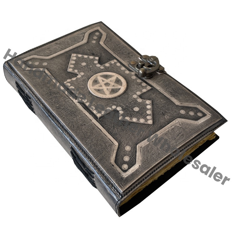 Celtic Pentagram Antique Handmade Deckle Edge Paper Charcoal Embossed Vintage Leather Spiral Journal Sketchbook Gift Charmed