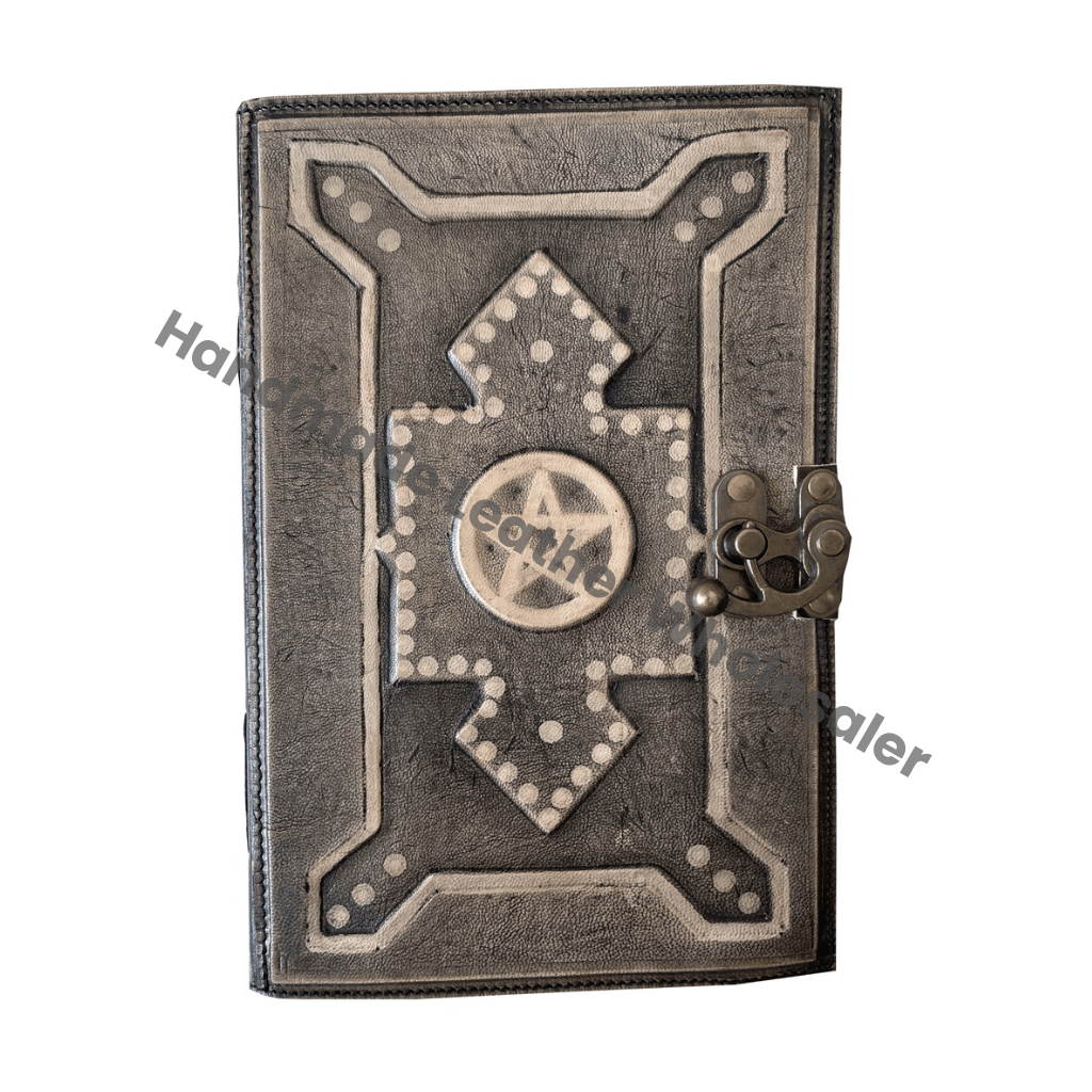 Celtic Pentagram Antique Handmade Deckle Edge Paper Charcoal Embossed Vintage Leather Spiral Journal Sketchbook Gift Charmed