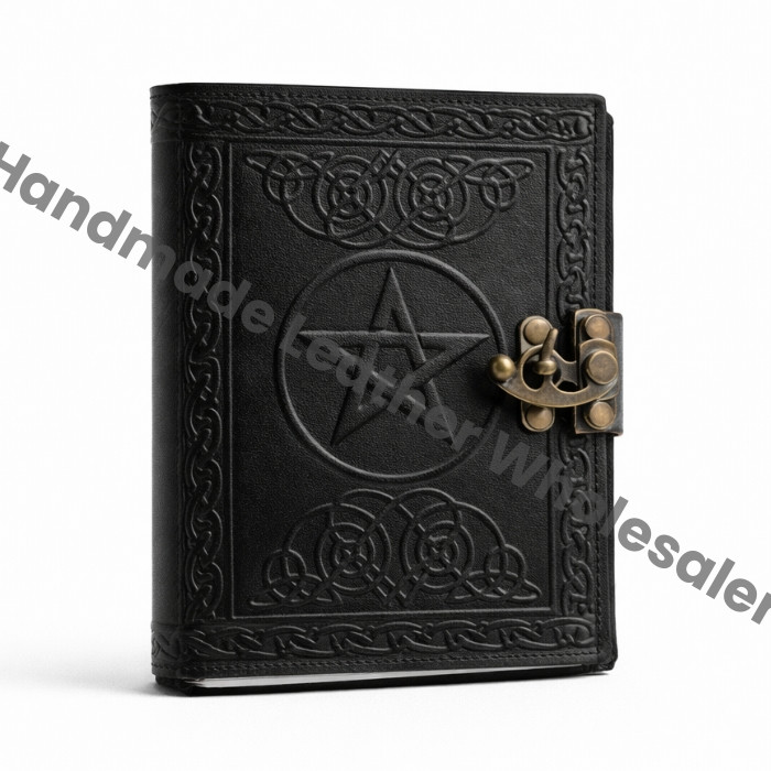 Celtic Star Leather Journal, Embossed Pentagram Grimoire, Latch Closure
