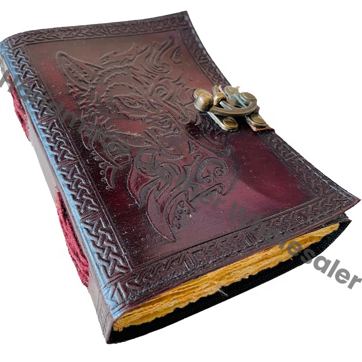 Celtic Vintage Handmade Embossed Brown Leather Hardcover 7x5 Inches Journal Custom Logo-Magical Wolf Face Notebook Gift Traveler