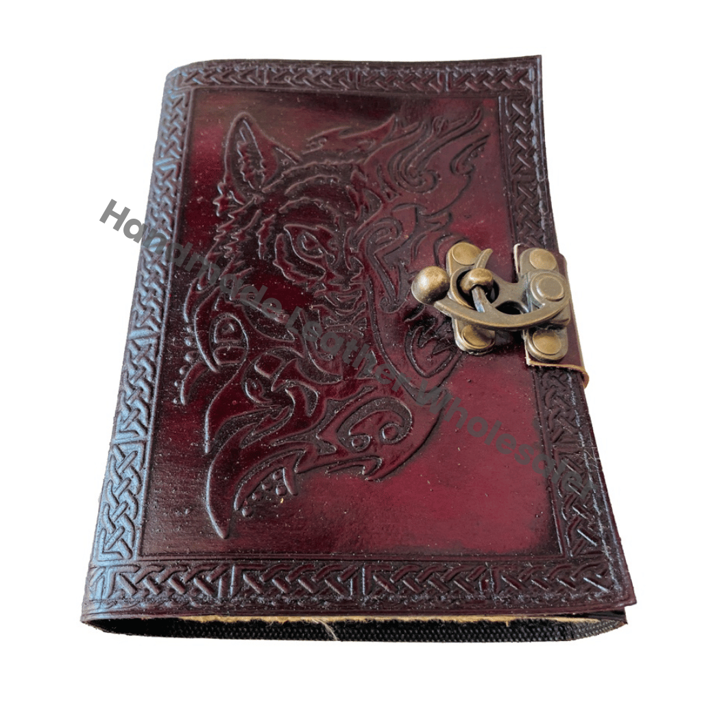 Celtic Vintage Handmade Embossed Brown Leather Hardcover 7x5 Inches Journal Custom Logo-Magical Wolf Face Notebook Gift Traveler
