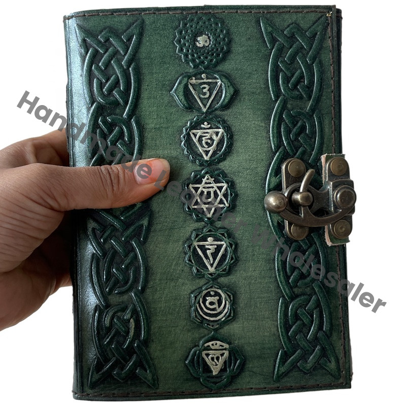 Chakra Composition Leather Hardcover Notebook Journal Rainbow Wide Ruled Green Seven Chakras Yoga Meditation Balance Gift