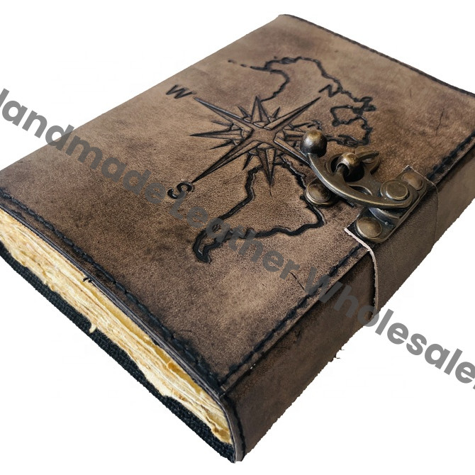 Custom Design Compass Notebook Antique Leather Journal Eco-Friendly Hardcover Box Packaging Charcoal Color Gift Deckle Paper