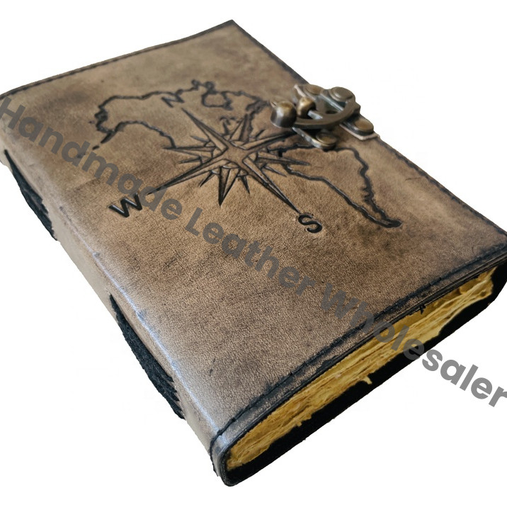Custom Design Compass Notebook Antique Leather Journal Eco-Friendly Hardcover Box Packaging Charcoal Color Gift Deckle Paper