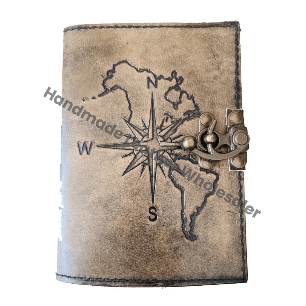 Custom Design Compass Notebook Antique Leather Journal Eco-Friendly Hardcover Box Packaging Charcoal Color Gift Deckle Paper