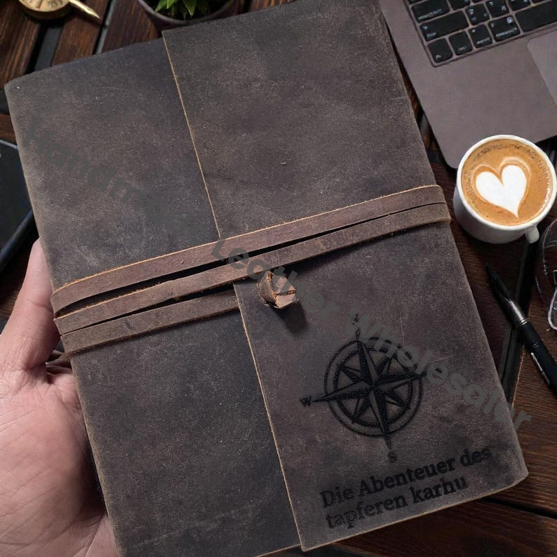Custom Engraved Full Grain Rustic Leather Journal Notebook – Handmade Travel Writing Diary with Strap
